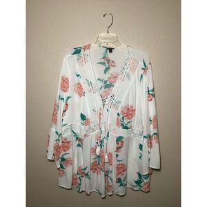 Torrid Women's Plus Size White Floral Tunic Drawstring Crochet Lace Blouse Sz 3‎